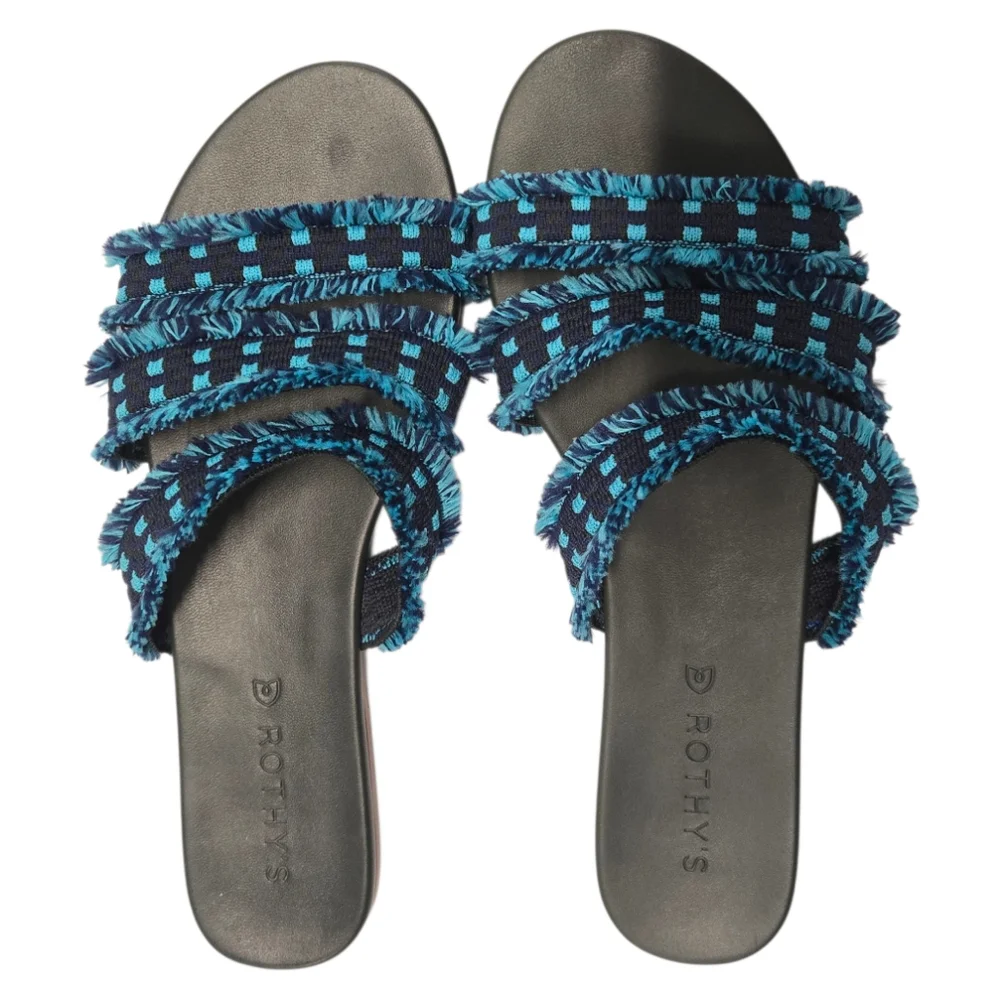 NEW Limited Edition Rothy’s Triple Band Teal Navy Blue‎ Fringe Sandals Size 8.5